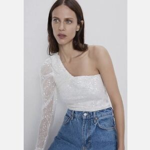 Zara sequin asymmetric white top
